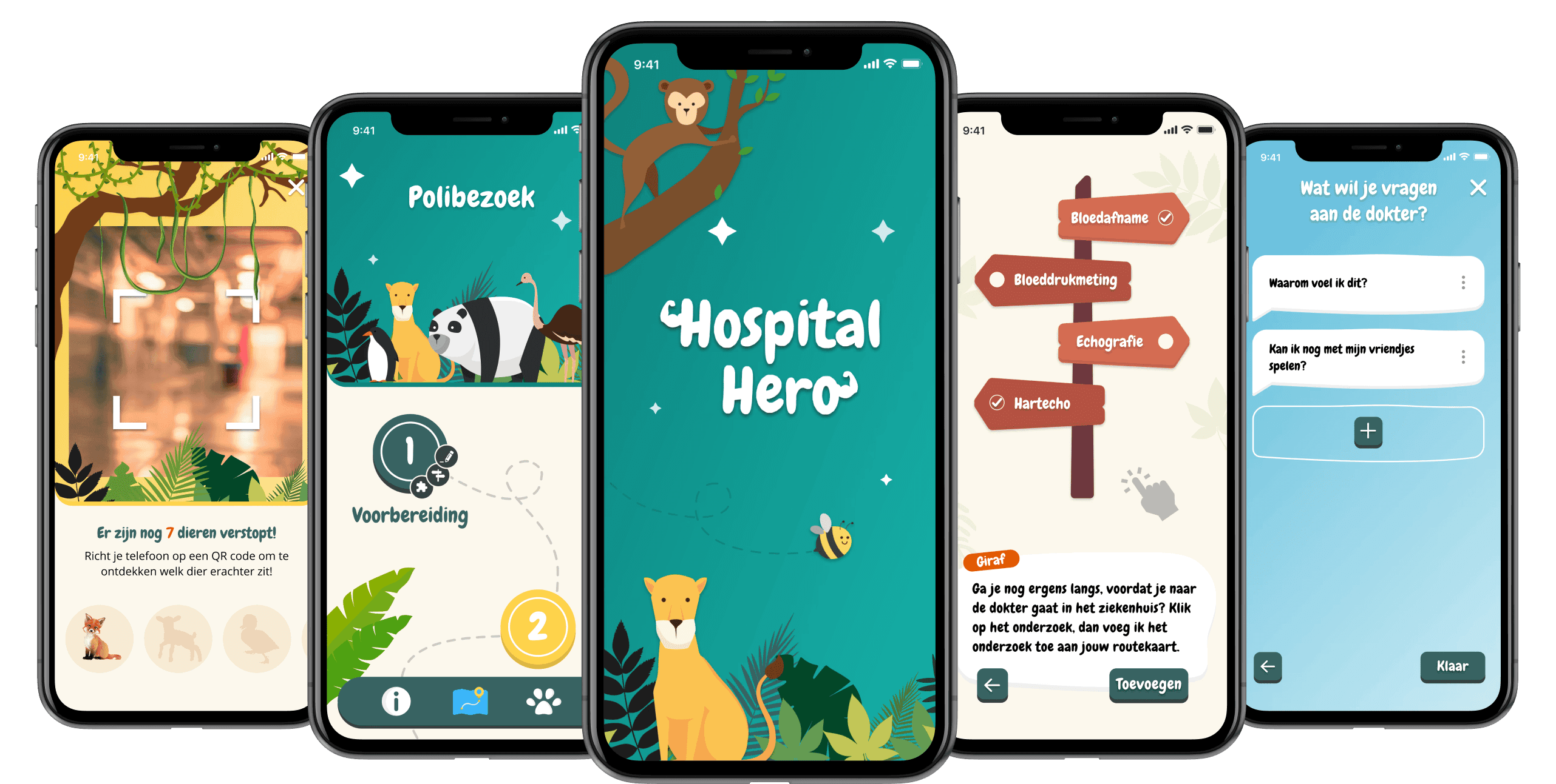 Hospital Hero app interfaces displayed across five phones