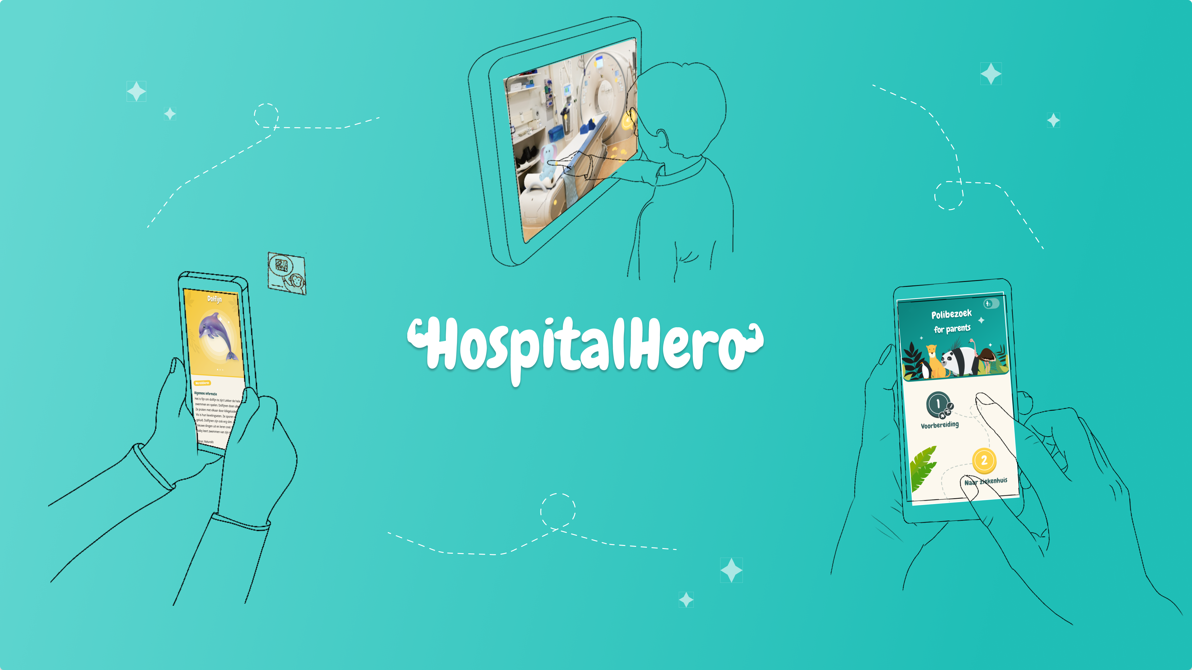 Hospital Hero app interfaces displayed across five phones