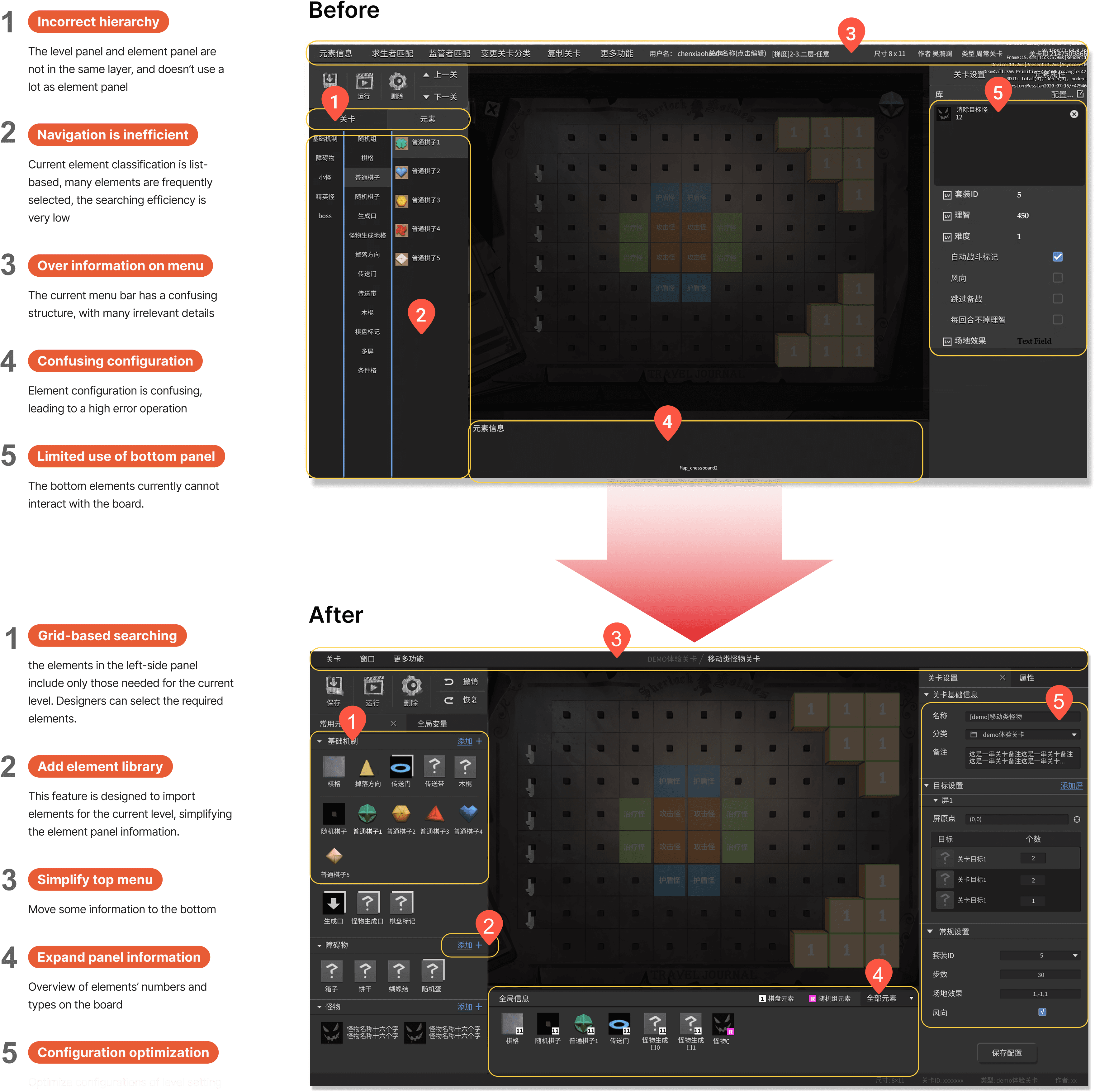 Old and redesigned level editor layouts with five usability improvements