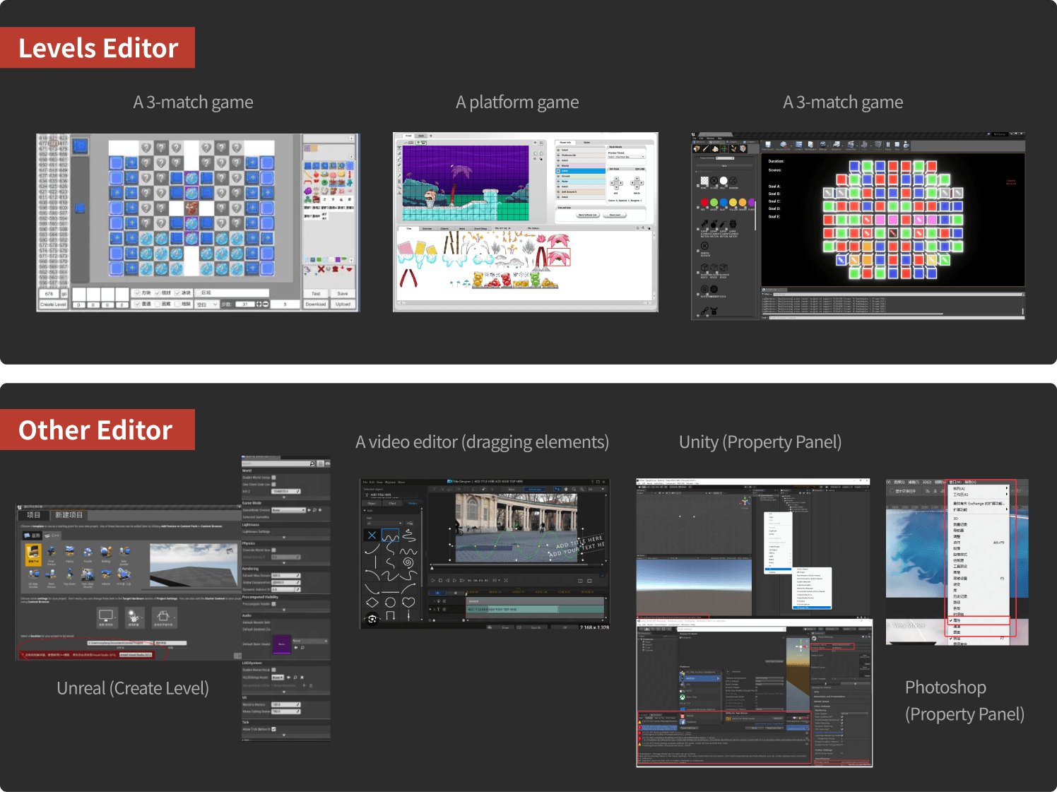 Competitor analysis of level editors, game engines, a video editor, Unity and Photoshop